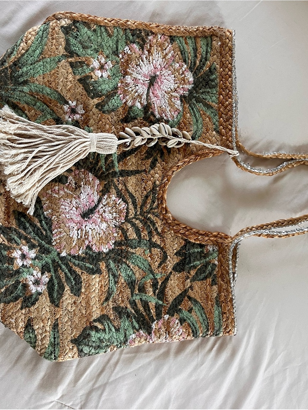Handwoven Floral Straw Tote Bag - Natural with Pink & Green